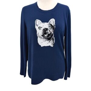 Lark & Ro Blue French Bulldog Sequin 100% Cashmere Pullover Blue Crew Neck L